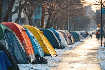 A row of colorful tents line a snowy street. This photo shows the struggles of homelessness in the winter.