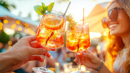Two people are holding up glasses of a drink, smiling and enjoying themselves