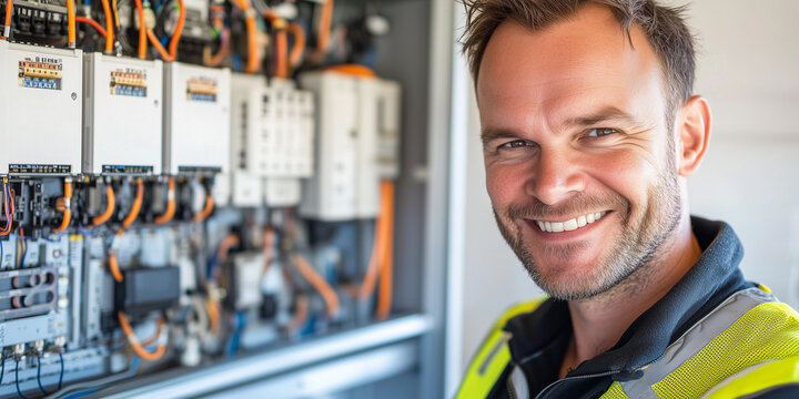 Elektriker vor Schaltschrank in Industriegeb&auml;ude