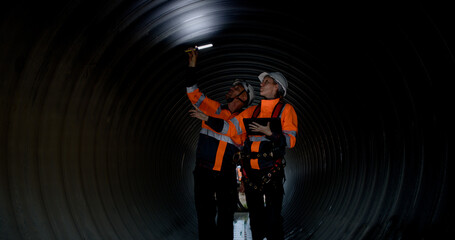 Fototapeta premium A couple of senior civil engineers are collaborating in the tunnel of a sewage drain, using a digital tablet to inspect the construction of a huge water pipe on a new highway road project.