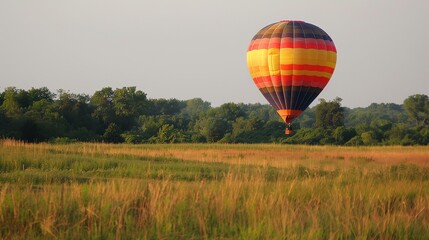 Fototapeta premium A colorful hot air balloon floats over a field of tall grass with trees in the background.