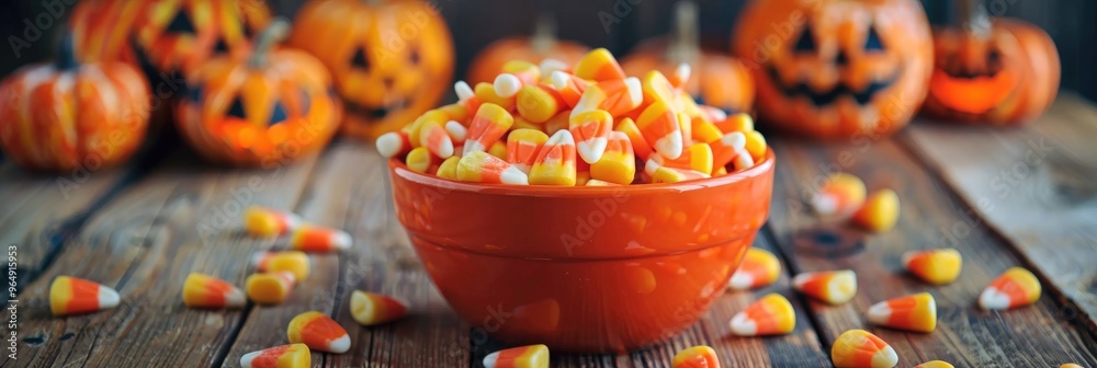 Poster Candy corn in an orange bowl alongside miniature jack-o'-lanterns on a wooden surface.