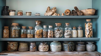 A blue pantry shelf with various glass jars filled with dried goods and a variety of pottery pieces.