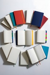 A neatly arranged set of colorful brochures, isolated on a clean white background, showcasing various designs and layouts