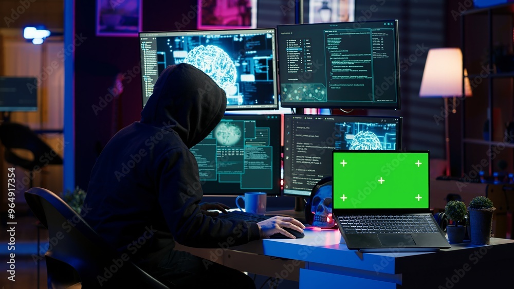 Poster hacker in hidden place using green screen laptop to deploy malware on unsecured devices, stealing se