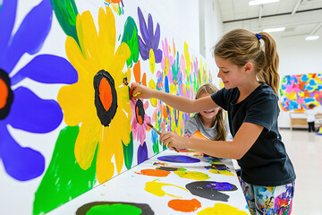 a kindergarten art class where children of different abilities and backgrounds create a collaborative mural