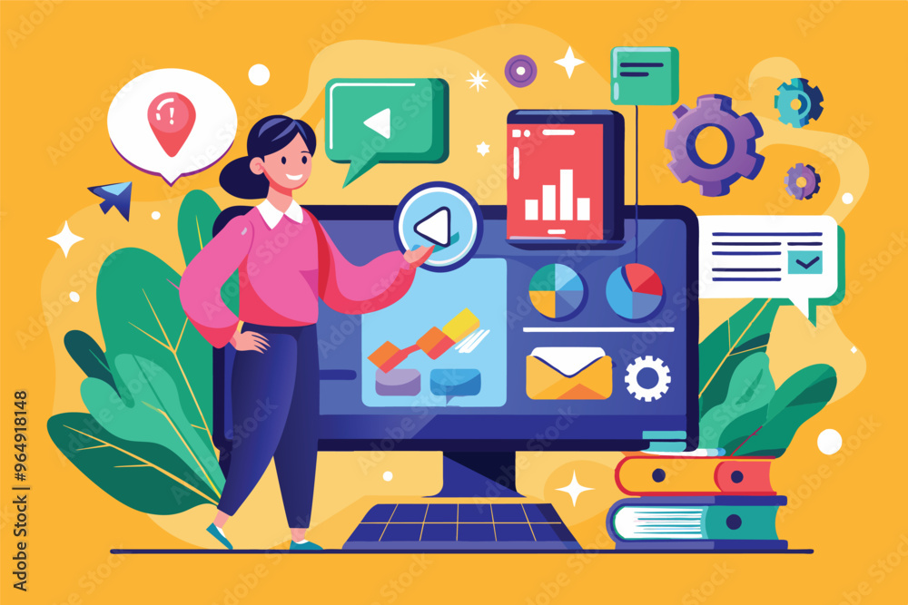 Leinwandbilder a professional engages with digital content and data visuals on large screens in a creative workspac