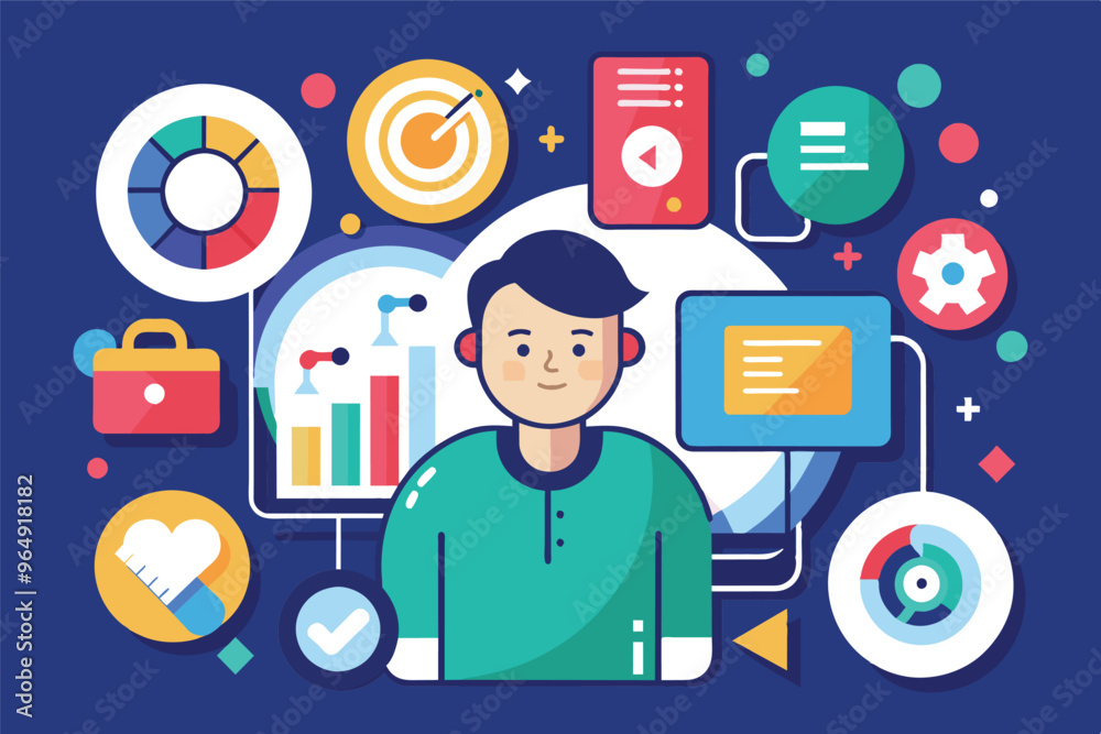 Fototapete a young professional engages with digital tools and analytics while surrounded by colorful icons rep
