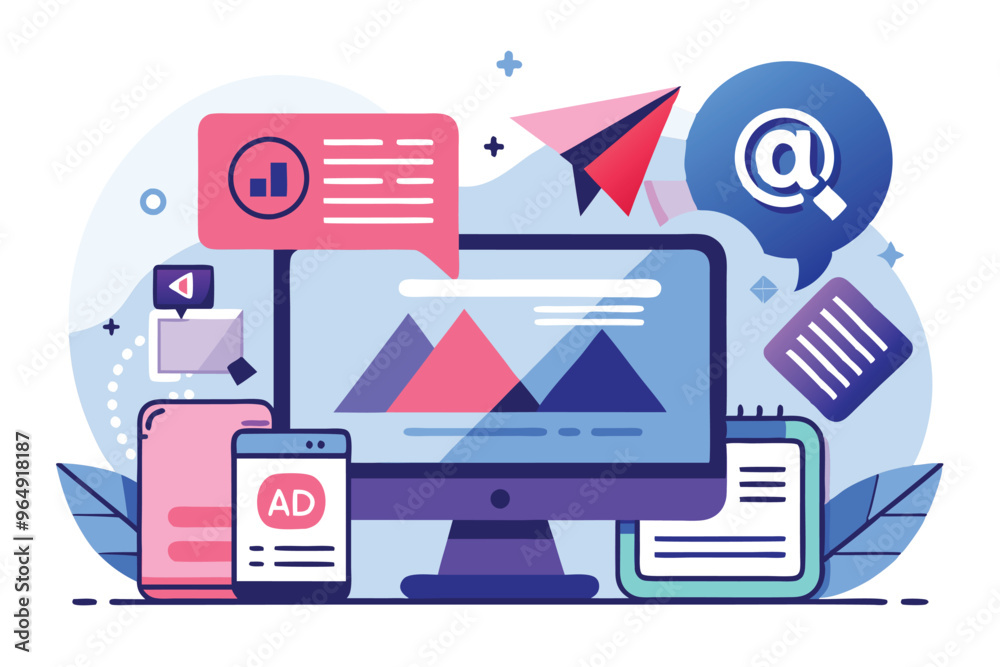 Poster a vibrant digital workspace showcasing various devices and multimedia elements used for online marke