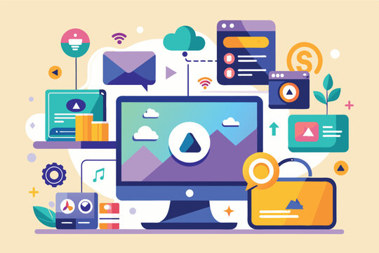 A colorful digital workspace showcasing a computer, smartphone, and various media icons representing content creation and management