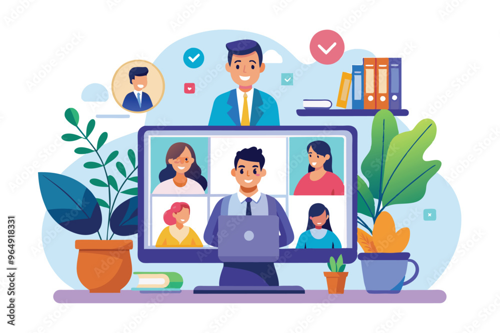 Poster virtual team meeting with participants engaged in discussion through video conferencing, surrounded 
