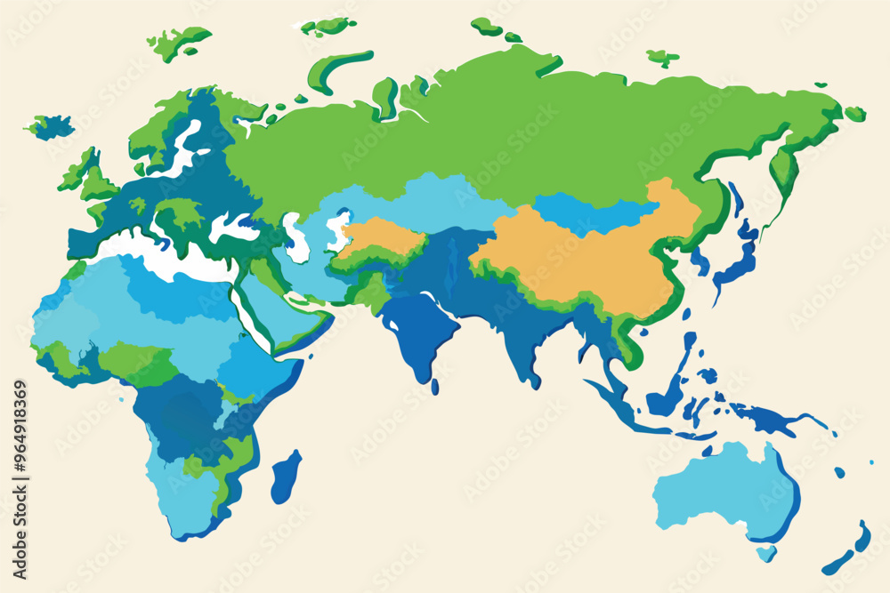 Poster a colorful world map illustrating different geographical regions with varying shades representing cl