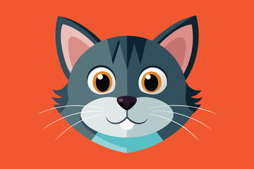 Fototapeta premium A cheerful cartoon cat head with large expressive eyes and a playful smile, set against a bright turquoise background, conveying a sense of warmth and friendliness