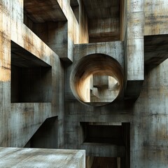 Abstract concrete architecture of intricate geometric forms indoors