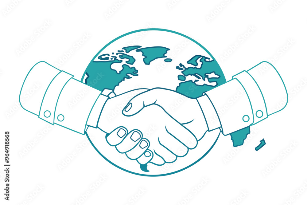 Poster a handshake symbolizes global partnership with a world map illustrating unity and collaboration amon
