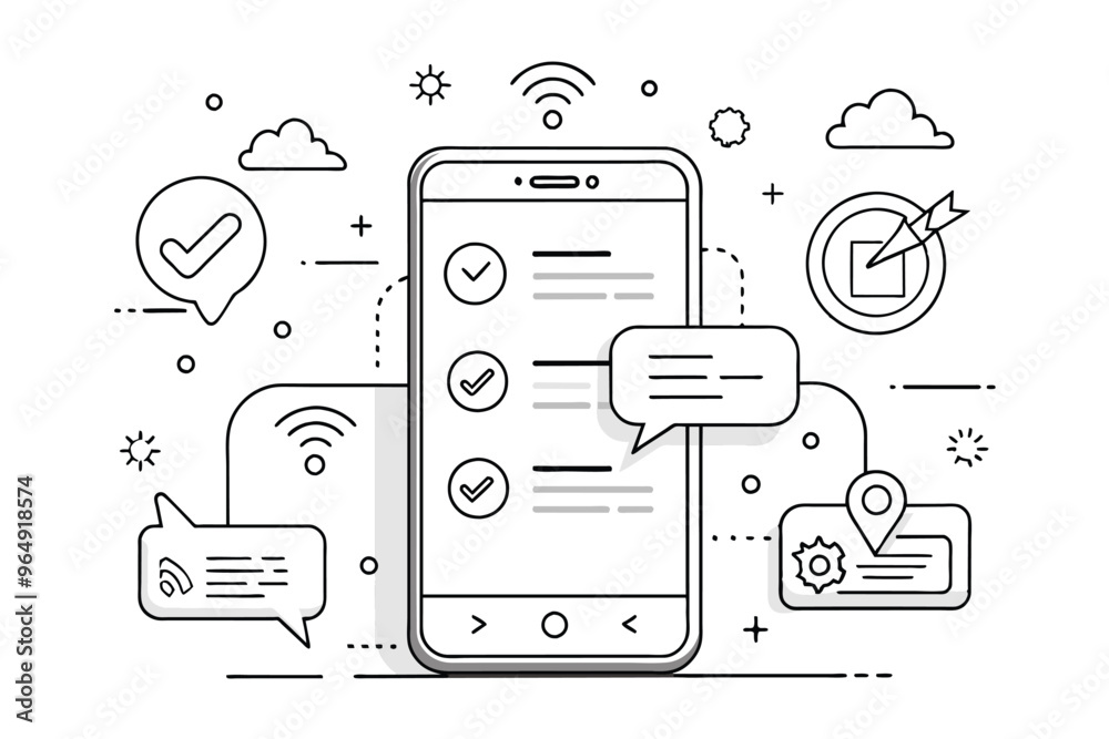 Poster A smartphone displaying a checklist with notifications, messages, and symbols representing communication and productivity