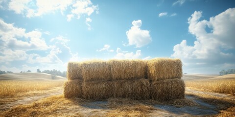 Stacked Hay Bales Under Cloudy Sky Representing Sustainable Farming