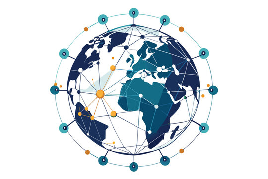 A digital representation of the Earth surrounded by interconnected lines and nodes, symbolizing global connectivity and information exchange in a modern, abstract style