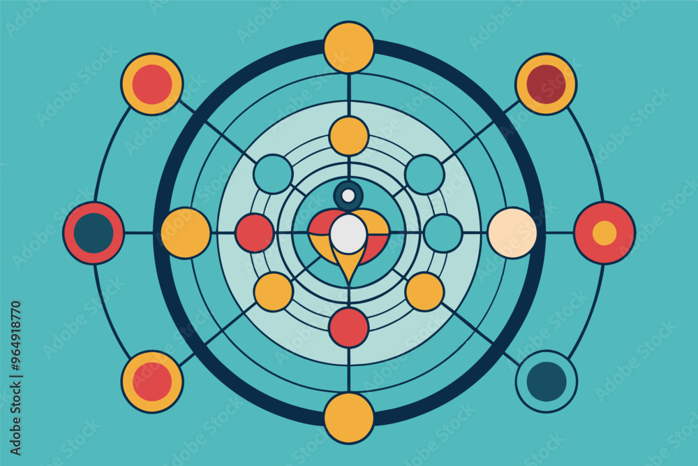 Leinwandbilder A colorful abstract representation of an atom's model featuring concentric circles and diverse orbits illustrating energy levels in a vibrant design