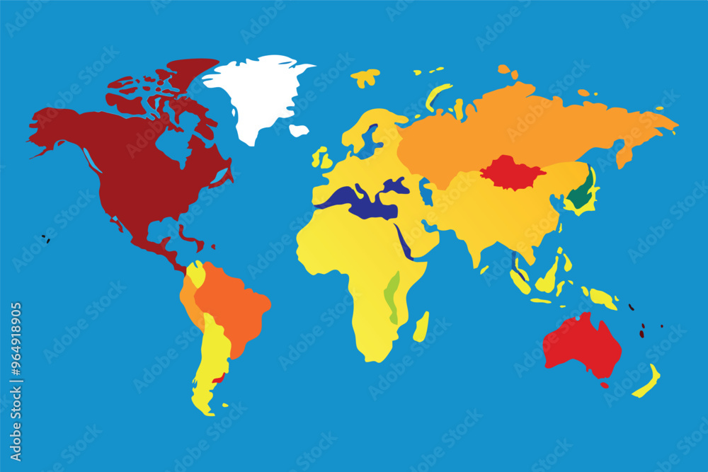 Aufkleber Colorful world map depicting geographic regions and continents with distinct colors representing different areas captured against a light blue background