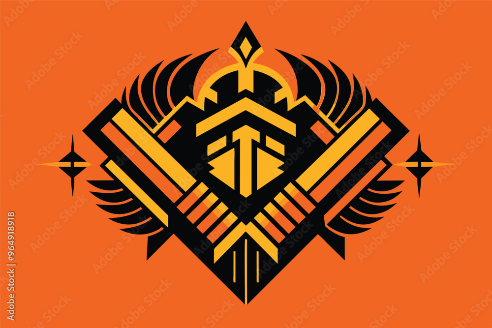 Poster A bold and dynamic graphic design featuring a stylized emblem with sharp angles and contrasting colors on a vibrant red background