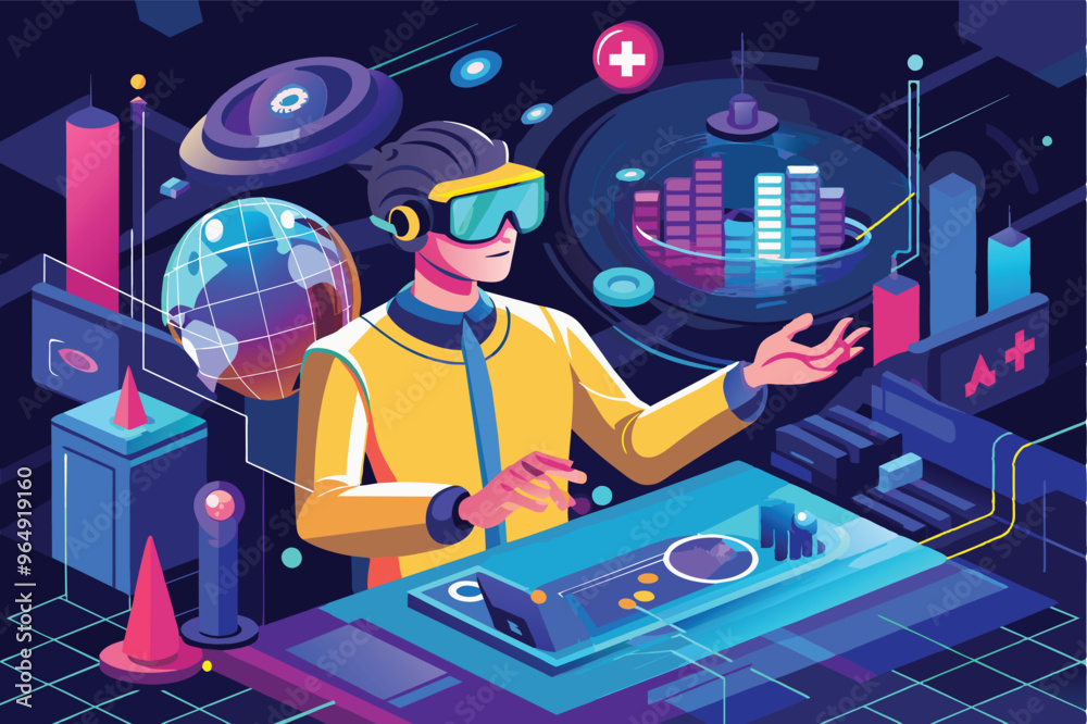 Poster A person engaged in virtual reality exploration surrounded by futuristic technology, digital elements, and interactive displays in a vibrant, high-tech environment