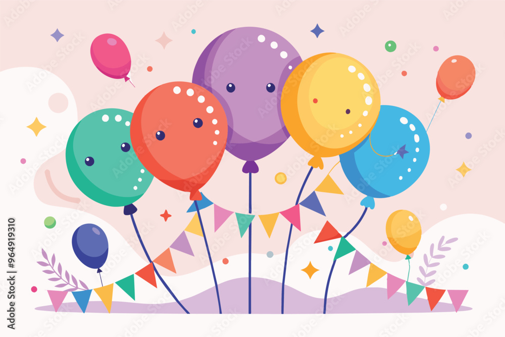 Poster Colorful balloons floating cheerfully against a light background, surrounded by decorative elements and confetti, creating a festive atmosphere
