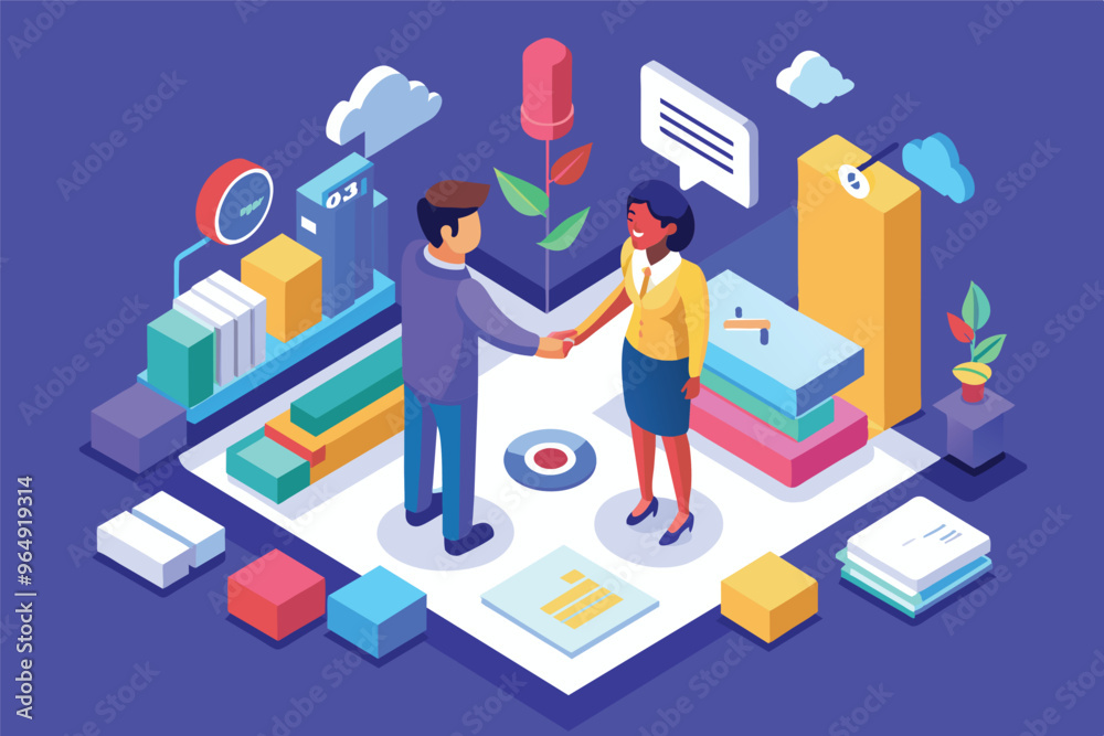 Aufkleber A team engages in a business partnership with a handshake symbolizing collaboration, surrounded by various office elements and abstract representations of success