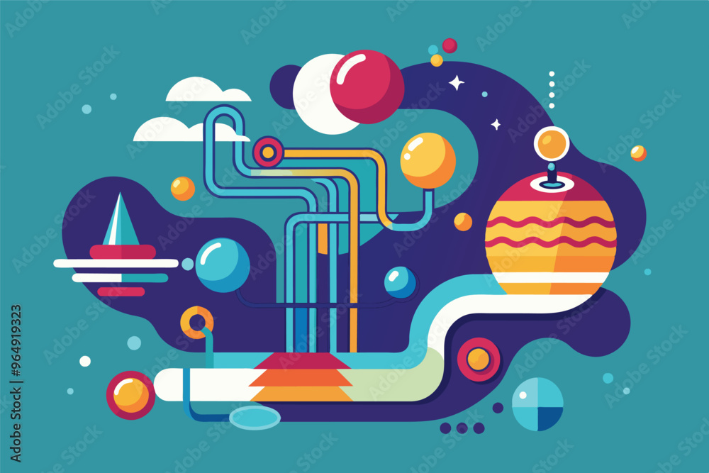 Poster Colorful abstract illustration showcasing planets, clouds, and water elements in a dynamic flow against a dark background, emphasizing a connection between nature and motion