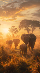 Fototapeta premium A Majestic Journey: Family of Elephants Traversing the Sunlit Savanna Unified in Nature's Grace