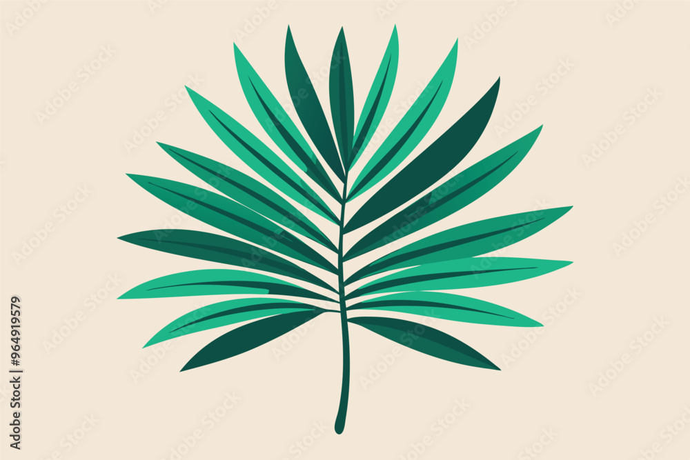 Poster a vibrant green palm leaf displayed against a soft beige background, showcasing its intricate leaf p