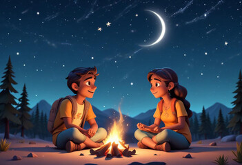 Comic A young Indian couple sitting on the ground under a starry night sky