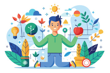 A young man demonstrating strength and resilience amidst a vibrant backdrop of leaves, flowers, and health icons, symbolizing personal well-being and fitness in a cheerful illustration