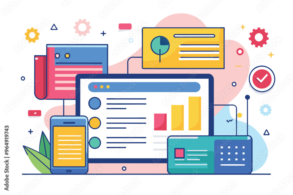 Poster digital workspace illustration showing a computer and various tools for project management and analy