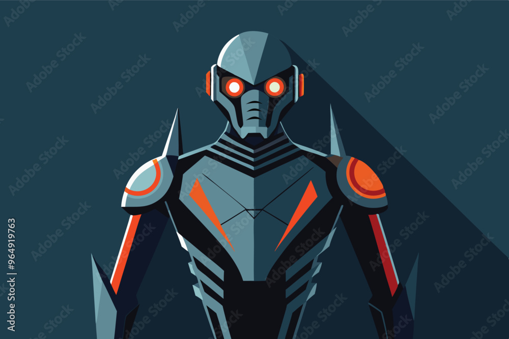 Poster a colorful robot character design standing against a purple background, showcasing a modern, stylize