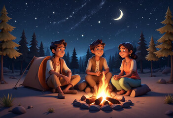 Comic A young Indian couple sitting on the ground under a starry night sky