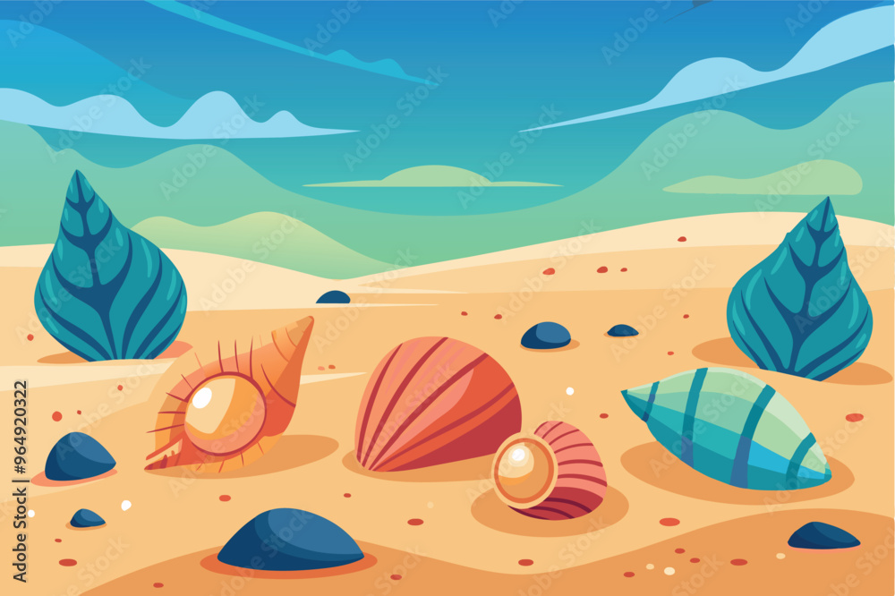Poster Colorful shell collection on a sandy beach with gentle waves in the background during a sunny day, showcasing unique shapes and patterns