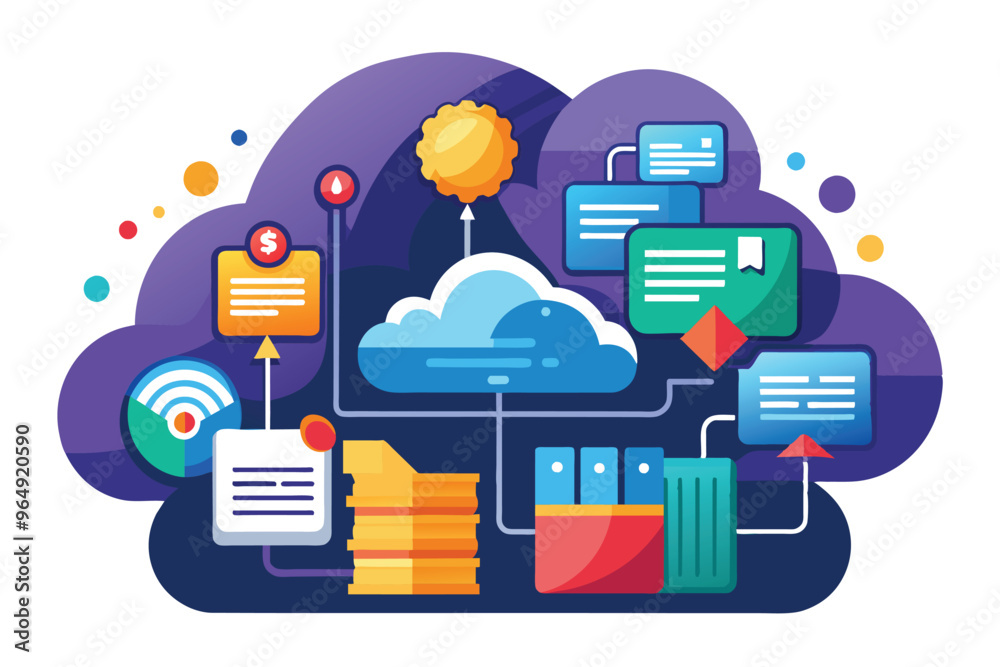 Poster colorful cloud computing illustration depicting data management processes and workflow in a digital 