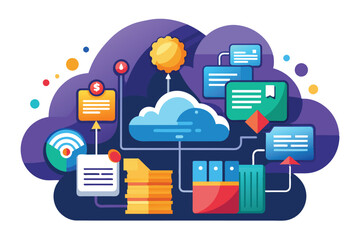 Colorful cloud computing illustration depicting data management processes and workflow in a digital environment