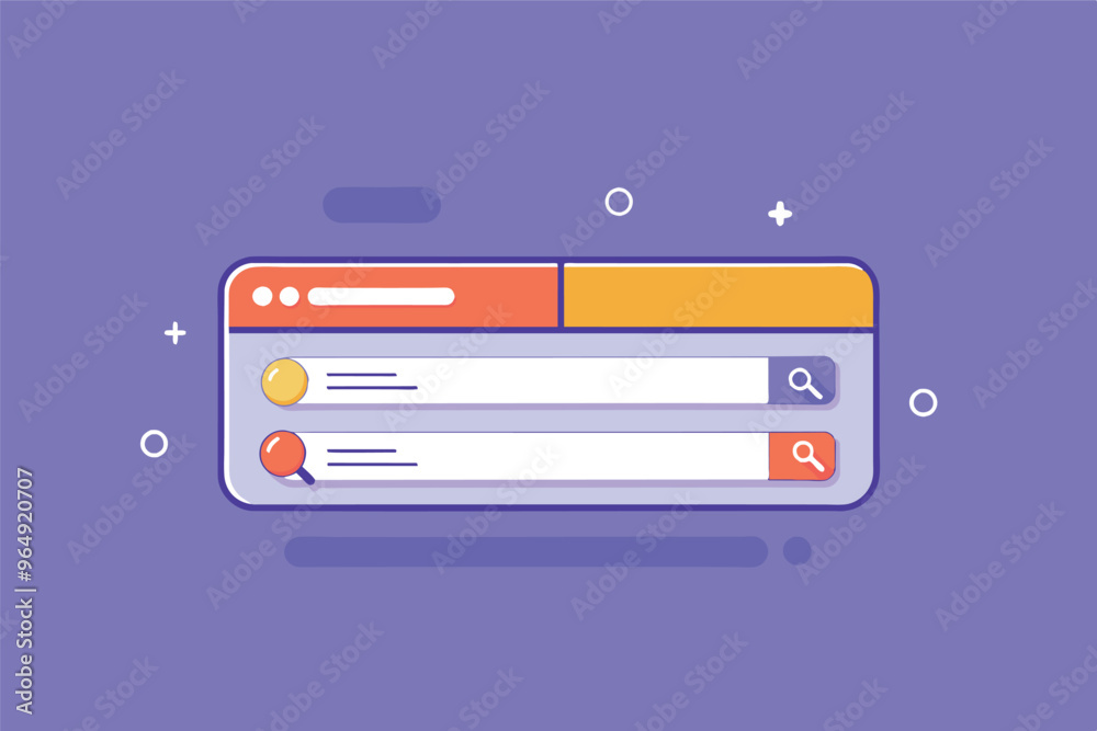 Poster Search interface design featuring colorful elements with a magnifying glass icon, showing an interactive experience for users during a digital search session