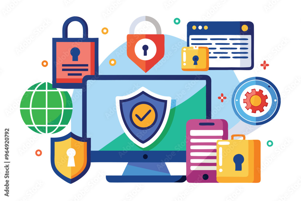Poster Digital security concepts illustrated with colorful icons including locks, shields, and communication symbols on a light background, representing online protection strategies