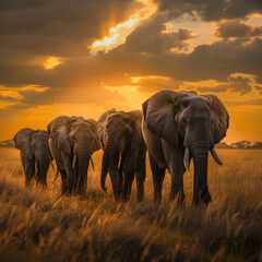 Obraz premium A Majestic Journey: Family of Elephants Traversing the Sunlit Savanna Unified in Nature's Grace