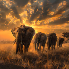 Fototapeta premium A Majestic Journey: Family of Elephants Traversing the Sunlit Savanna Unified in Nature's Grace