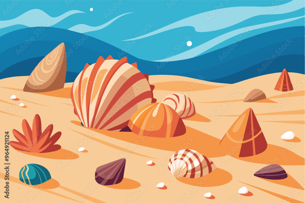 Poster Colorful shell collection on a sandy beach with gentle waves in the background during a sunny day, showcasing unique shapes and patterns