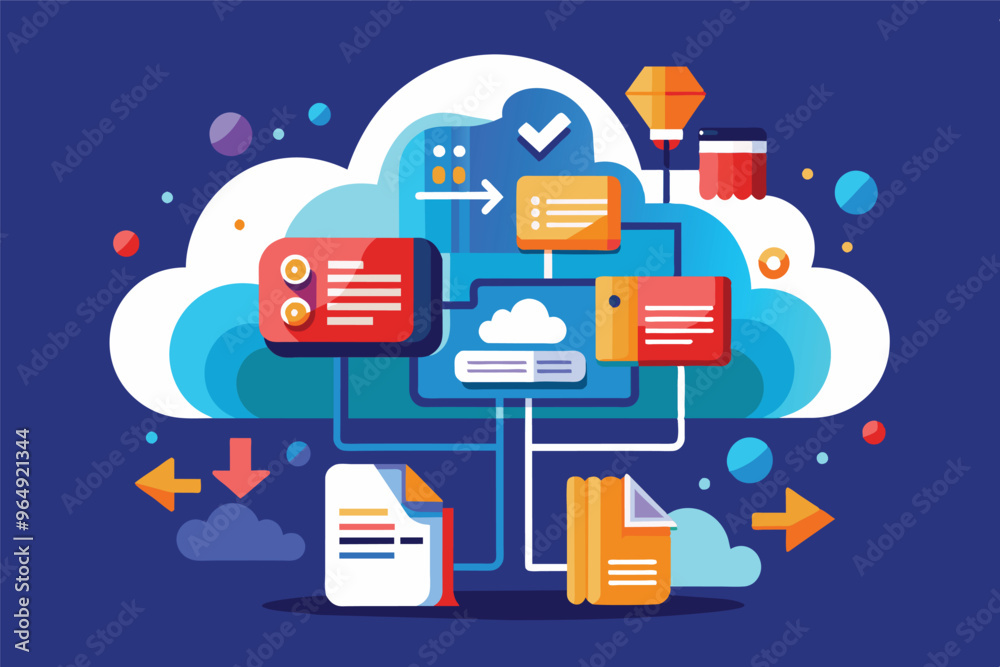 Poster colorful cloud computing illustration depicting data management processes and workflow in a digital 