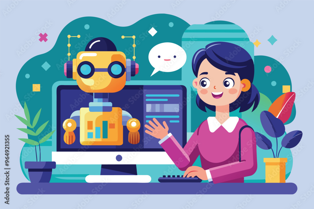 Leinwandbilder a woman interacts with a friendly robot on a computer screen while sitting at her desk surrounded by