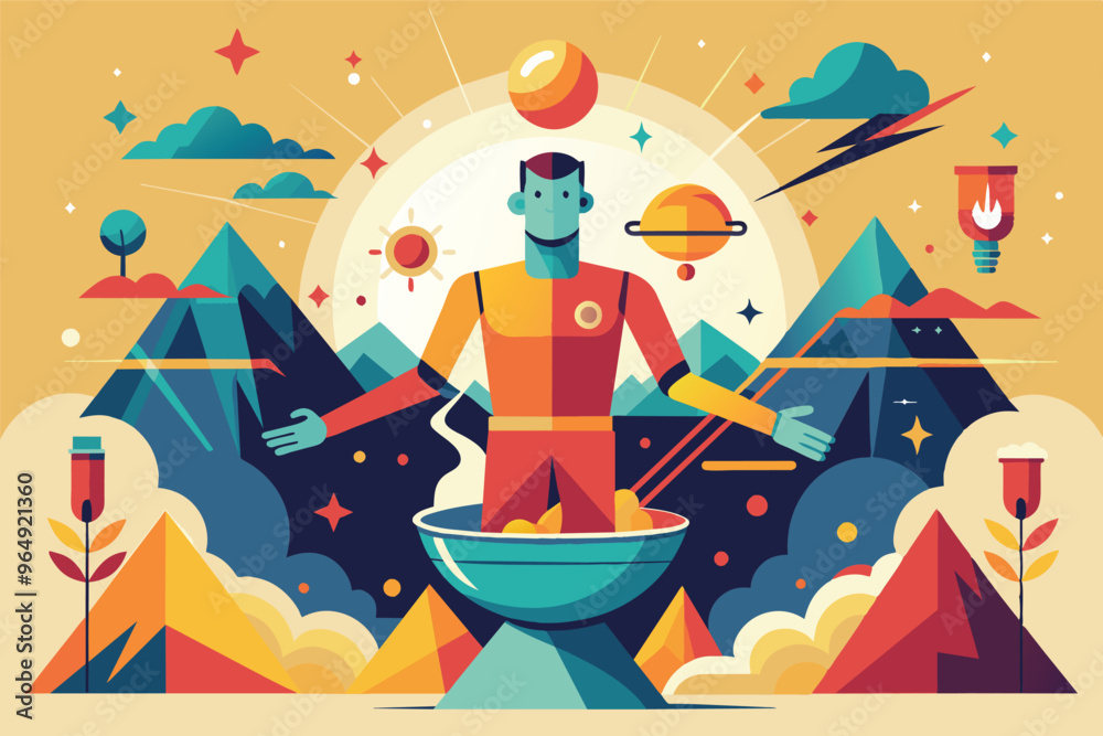 Poster a cosmic figure prepares a vibrant concoction while surrounded by mountains, planets, and a colorful