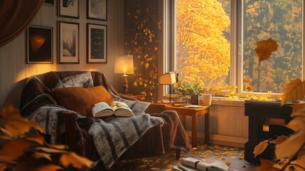 Cozy autumn reading corner with soft lighting and colorful leaves outside the window