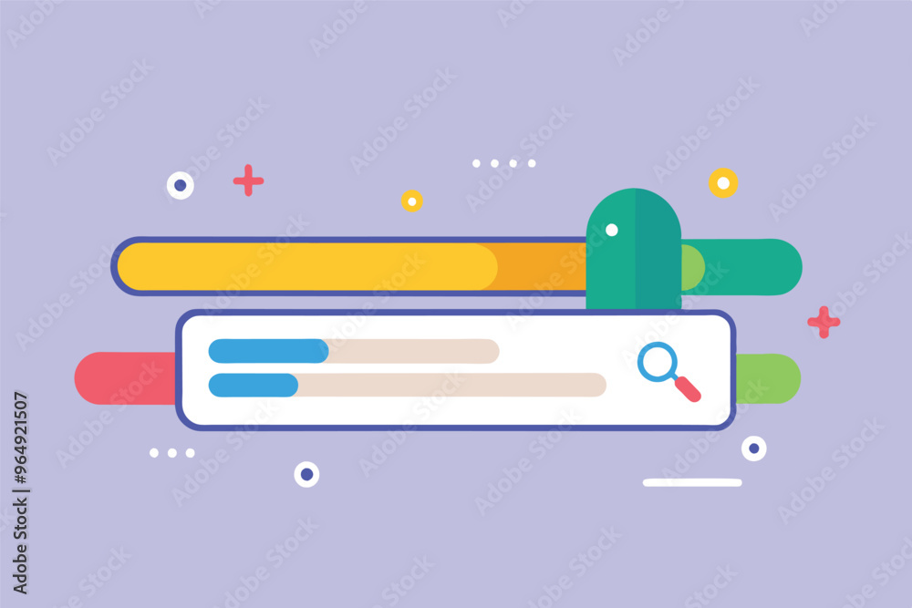 Poster Search interface design featuring colorful elements with a magnifying glass icon, showing an interactive experience for users during a digital search session