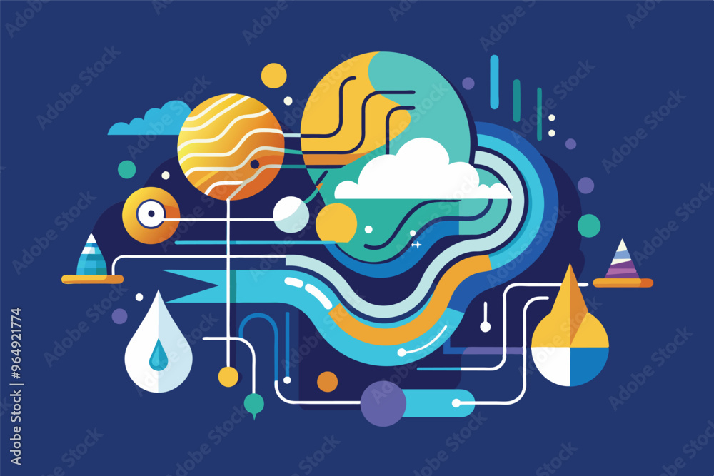 Poster Colorful abstract illustration showcasing planets, clouds, and water elements in a dynamic flow against a dark background, emphasizing a connection between nature and motion